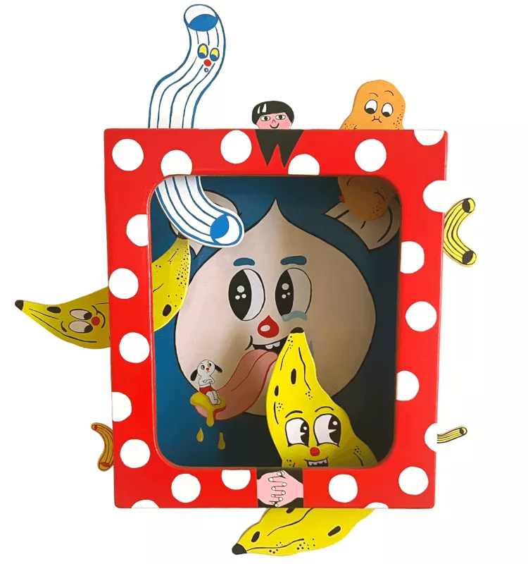 Polka-dot mirror with chatty bananas